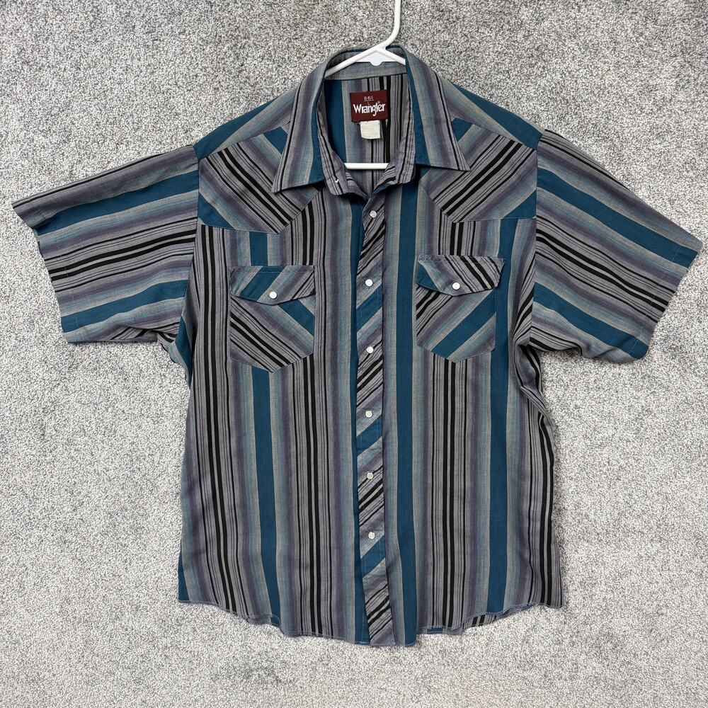 Vtg 90s Wrangler Shirt Men L 16-16.5 Blue Gray Stripe Pearl Snap Grunge Western